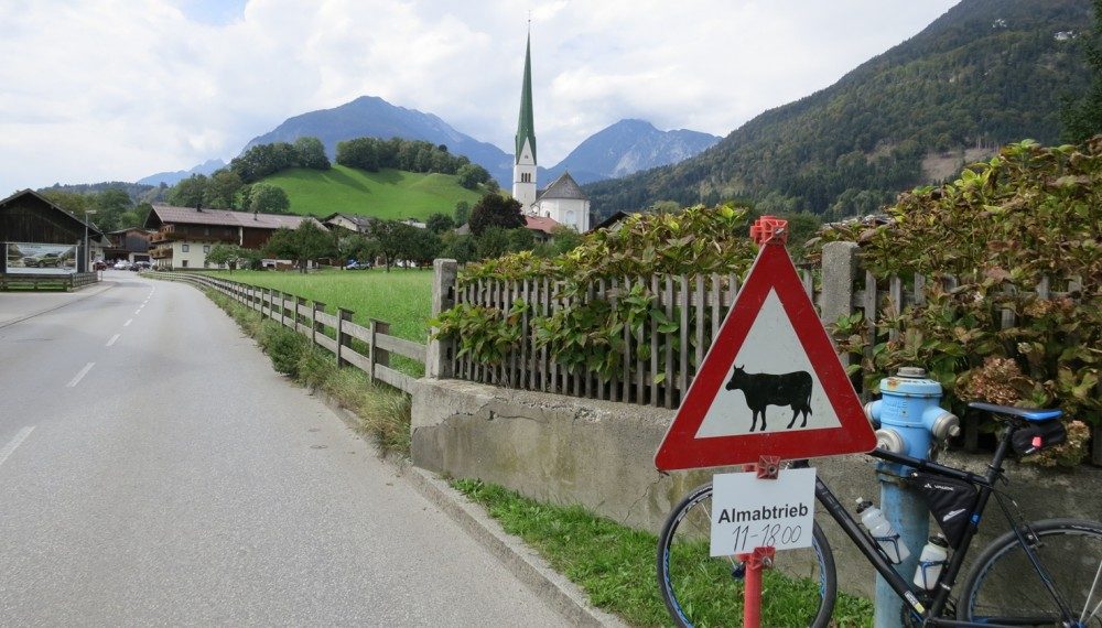Das Warnschild für den Almabtrieb in Wiesing