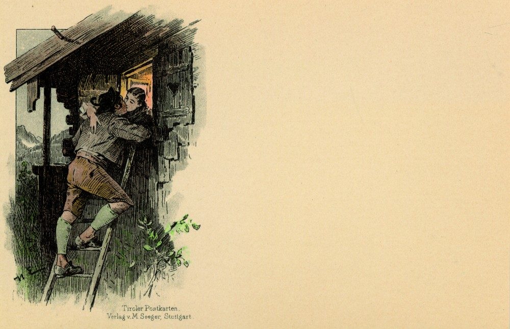 Una raffigurazione idealizzata di romanticismo alpino. Cartolina della Serie ' Tiroler Postkarten', Editore M. Seeger, Stuttgart, Fine del 19esimo secolo © TLM