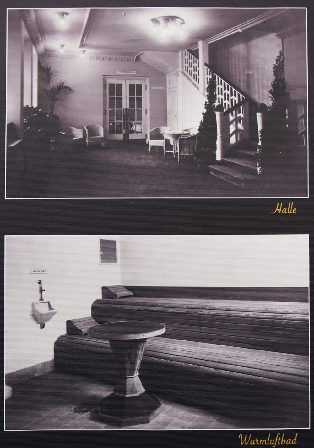 In alto si vede l'antica scala in legno, che è rimasta ancora oggi identica. Sotto una delle saune che oggi si presenta in versione moderna e senza sputacchiera. Foto: Vil Joda.