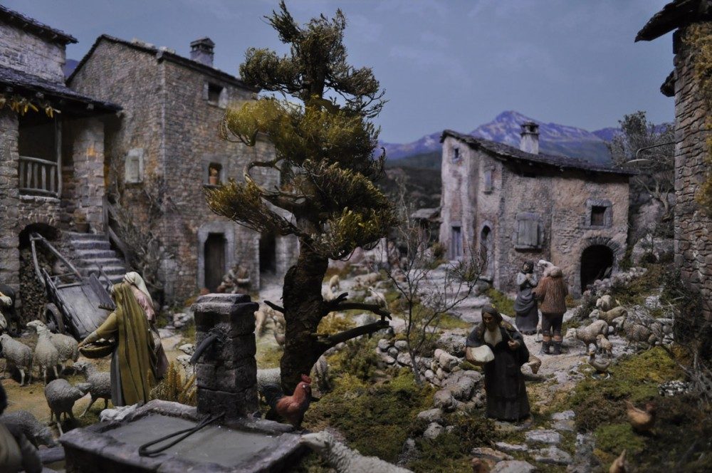 Detail einer italienischen Krippe; Gestaltung: Antonio Pigozzi; Figuren: Martino Landi; Hintergrundmalerei: Peter Feller