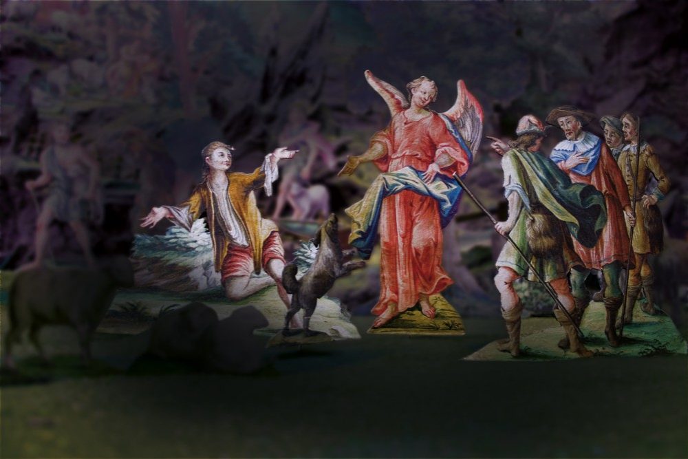Un dettaglio del presepe di Georg e Felix Haller (1824) con figure in carta; in mostra al Tiroler Volkskunstmuseum di Innsbruck fino al 2 febbraio 2016. Foto c Johannes Plattner.