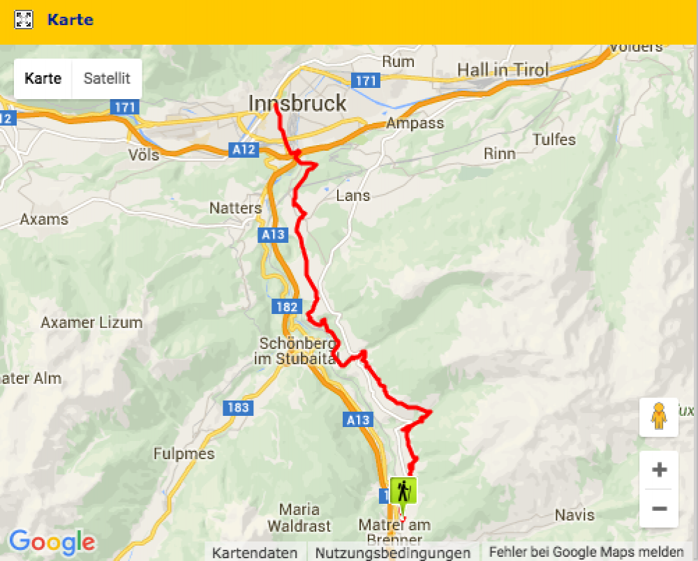 Wegverlauf Jakobsweg von Ellbögen nach Innsbruck Diese Karte enthält von Ellbögen ab den genauen Verlauf des Jakobsweges. Einfach anklicken.