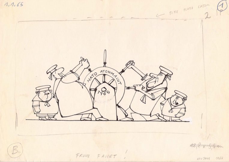 La vignetta 'Frohe Fahrt' (Buon viaggio) di Paul Flora per DIE ZEIT, 1.1.1965 in mostra a 'Paul Flora - Karikaturen', Ferdinandeum, Innsbruck 2016-2017 © Kolcker Stiftung
