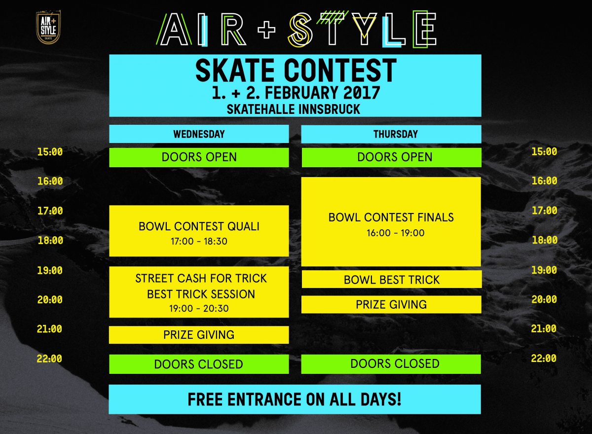 Schedule für den Air+Style Skate Contest 2017. © Air+Style
