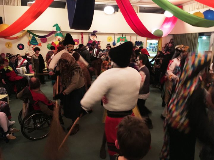 Dancing and singing at the local school. Fasching in Axams