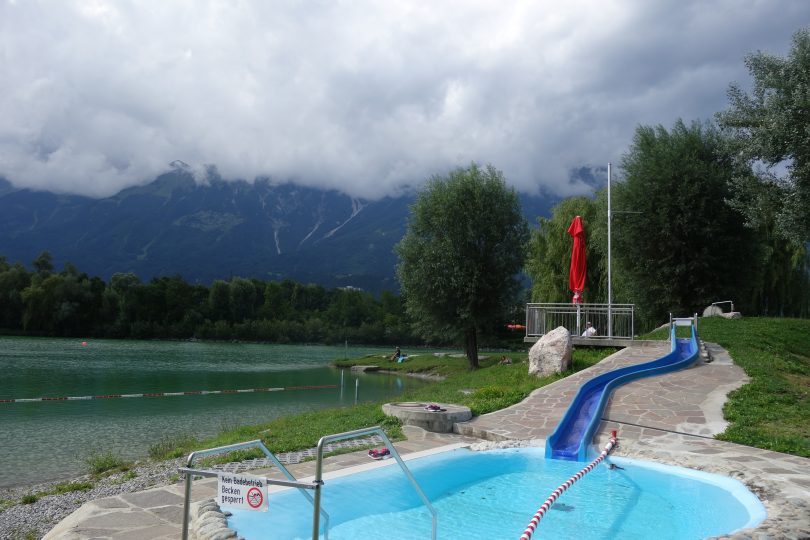 Family-friendly swimming lake in Innsbruck water slide