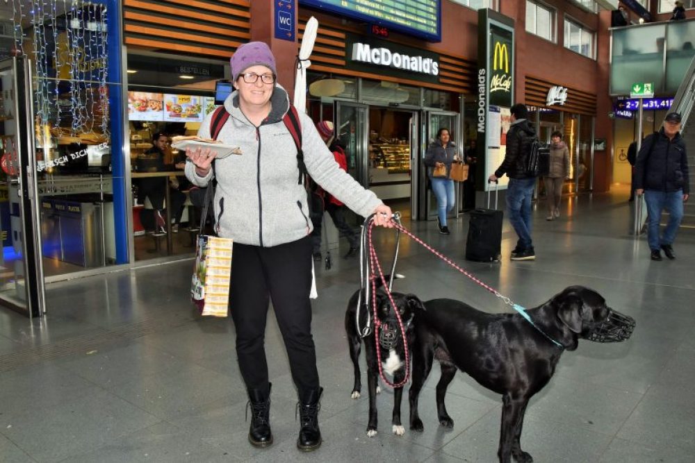 Gerade nach Hause gekommen ist Petra aus Villach/Kärnten: „Bahnreisen ist auch mit Hunden kein Problem“, berichtet sie, bevor sie sich für den letzten Heimweg nochmal stärkt. Foto: Tamara Kainz