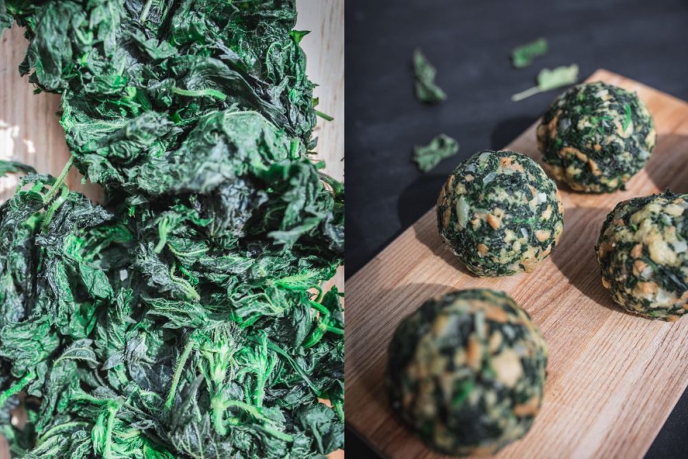 Gewaschen, gehackt und zu Knödeln geformt.
