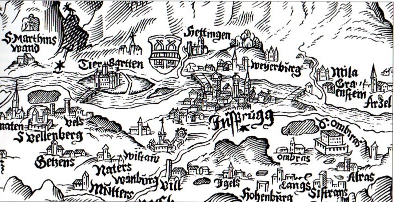 Burgklechner, Tirolische Tafeln, 1611, Ausschnitt Innsbruck und Umgebung Burgklechner, Tirolische Tafeln, 1611, Ausschnitt Innsbruck und Umgebung