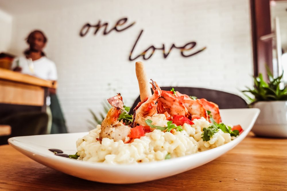 Fried king prawns on coconut risotto