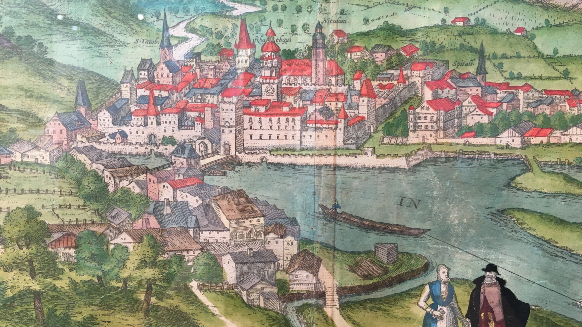 Vista di Innsbruck di Georg Hoefnagl (1575, Stadtarchiv Innsbruck), nella mostra „Im Aufbruch. Innsbruck wird Residenzstadt“ al museo della città di Innsbruck, Foto © Laura Manfredi