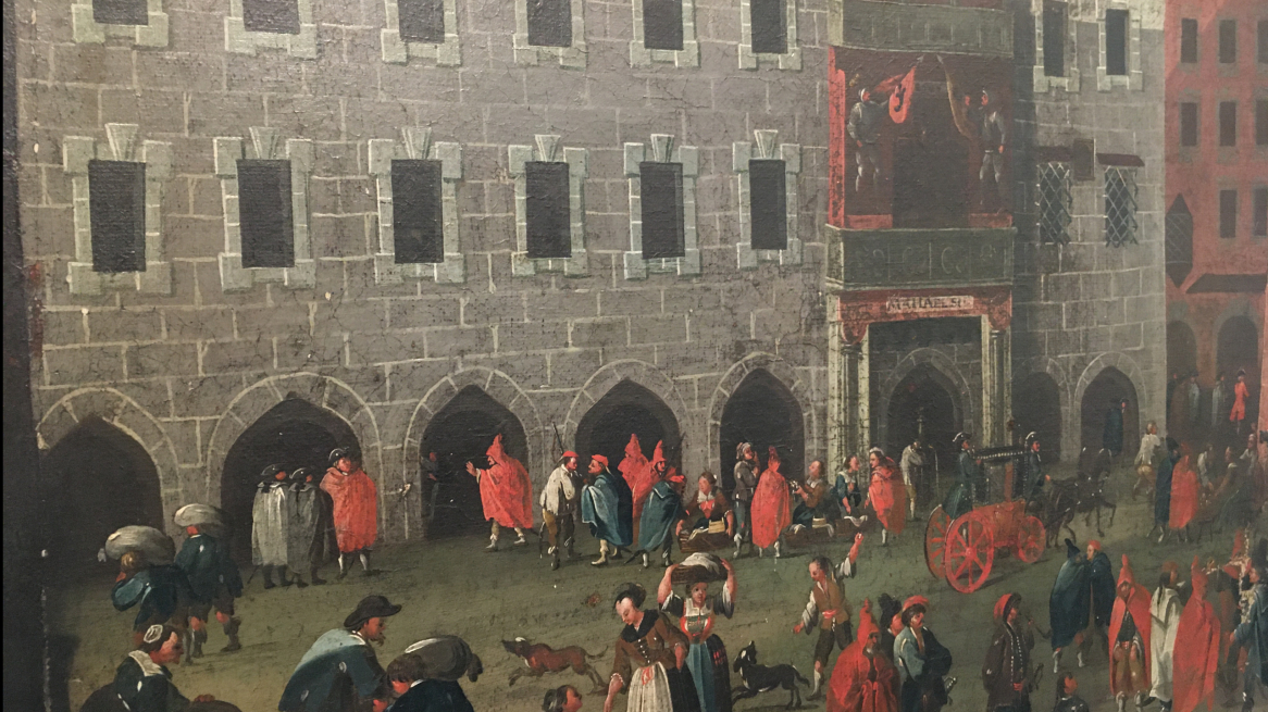 Il via vai davanti al tettuccio d’oro in un dipinto di Michael SH del 1765 (Stadtarchiv Innsbruck), nella mostra „Im Aufbruch. Innsbruck wird Residenzstadt“ al museo della città di Innsbruck, Foto © Laura Manfredi
